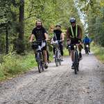 grupa rowerzystów w lesie